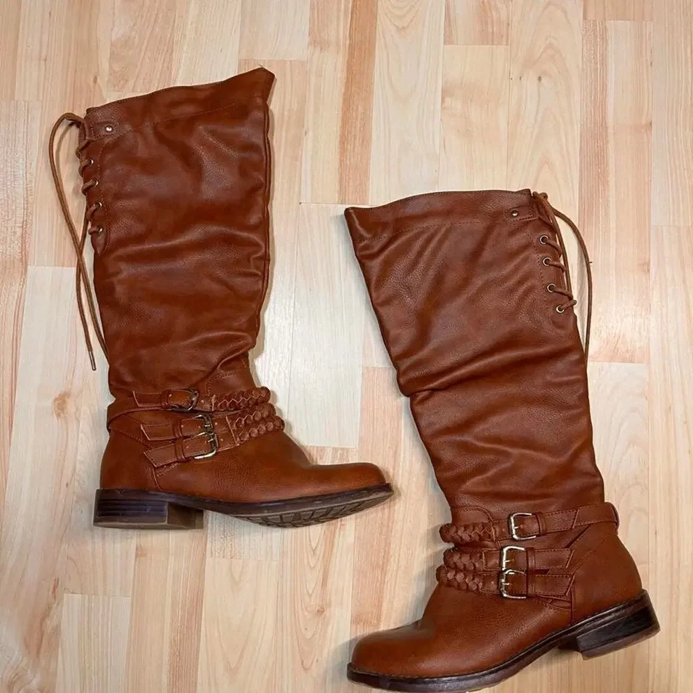 Western Boho Cognac Brown Tall Riding Boots Buckle Lace Up Knee High size 7